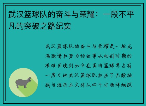武汉篮球队的奋斗与荣耀：一段不平凡的突破之路纪实